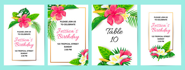 Invitations with tropical flowers, jungle leaves. Vector illustration summer templates. Place for text. Great for wedding, SPA flyer, beauty offer, poster, baby shower, bridal shower, tropical party. © Natalia