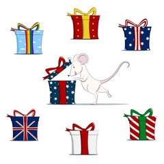 White mouse is opening a gift box. Seven present boxes in different styles. Cartoon style vector illustration.