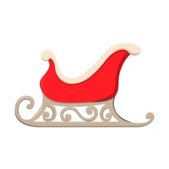 Red Santa Clous sleigh in flat cartoon style. Christmas and New Year decoration element. Vector illustration isolated on white background.