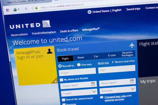 Ryazan, Russia - May 13, 2018: United website on the display of PC, url - United.com.