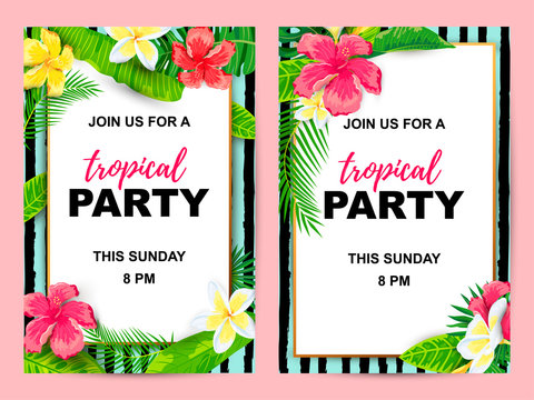 Summer Background With Jungle Leaves And Flowers. Tropical Party Invitation Set. Place For Text. Great For Flyer, Baby Shower Invitation, Wedding, Poster.