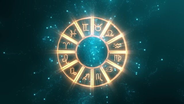 Astrological calendar Zodiac wheel animation with horoscope symbols and mystical star animation