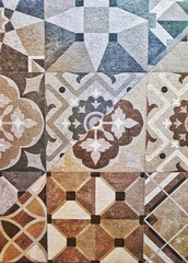 Ceramic tiles with geometric patterns for wall and floor decoration. Concrete stone surface background. Set of textures for interior design project.