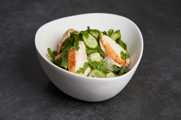 Farm chicken salad romaine lettuce and tarragon pesto, close-up