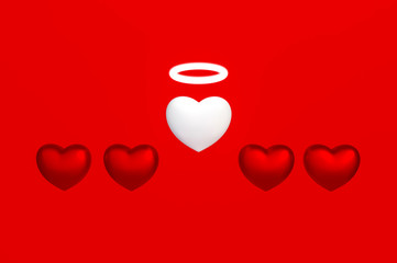 Pure white heart and white halo angel ring floating among red heart on red background 3d rendering. 3D illustration pure love and Valentines Day greeting card template minimal concept.