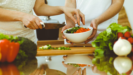 Closeup of human hands cooking in kitchen. Mother and daughter or two female friends cutting vegetables for fresh salad. Friendship, family dinner and lifestyle concepts