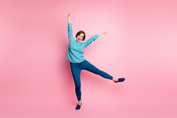 Full length body size view of her she nice attractive lovely pretty overjoyed cheerful cheery woman having fun dancing cool disco party isolated over pink pastel color background