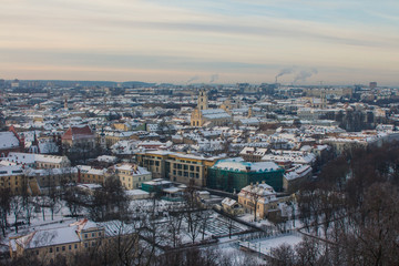 High view of the historic districts of Vilnius in winter. Lithuania