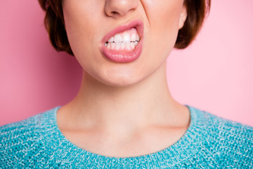 Cropped close-up view portrait of her she aggressive crazy evil mad fury mean woman grinning teeth whitening procedure advert isolated over pink pastel color background