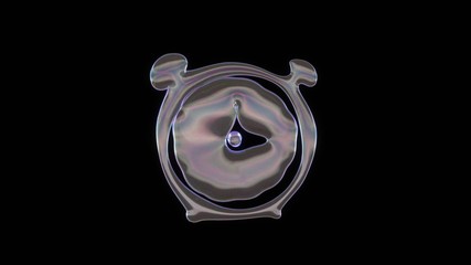 3D rendering of distorted transparent soap bubble in shape of symbol of alarm clock isolated on black background