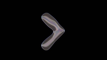 3D rendering of distorted transparent soap bubble in shape of symbol of angle right isolated on black background
