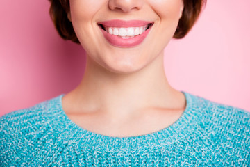 Cropped close-up view portrait of her she nice attractive lovely cheerful cheery woman beaming...