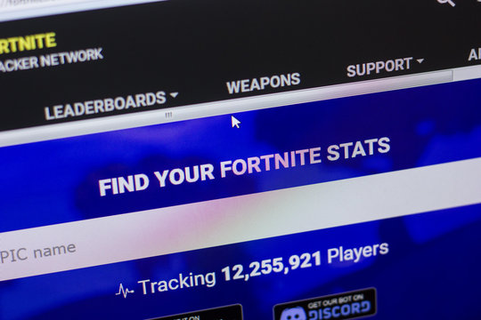 Ryazan, Russia - May 13, 2018: FortniteTracker website on the display of PC, url - FortniteTracker.com.