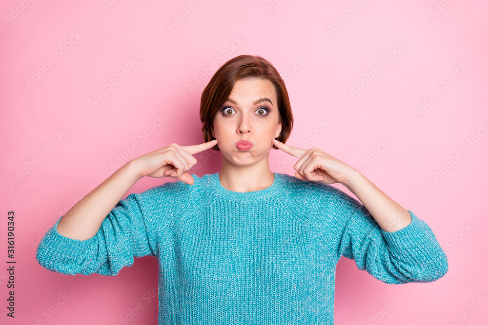 Sticker Close-up portrait of her she nice attractive lovely funky foolish naughty brown-haired woman holding air in cheeks pointing touching isolated over pink pastel color background