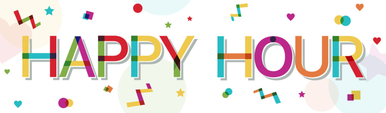 "Happy Hour" text with colorful confetti