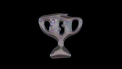 3D rendering of distorted transparent soap bubble in shape of symbol of cup award isolated on black background