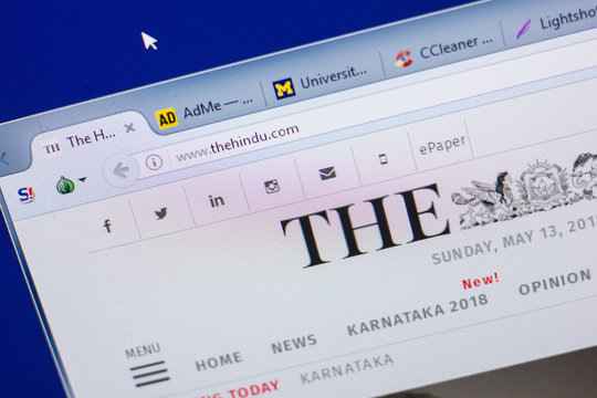 Ryazan, Russia - May 13, 2018: TheHindu website on the display of PC, url - TheHindu.com
