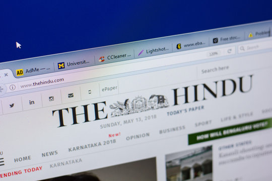 Ryazan, Russia - May 13, 2018: TheHindu website on the display of PC, url - TheHindu.com