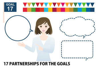 SDGs目標17イメージのアジア人女性と吹き出しのアイコンセット