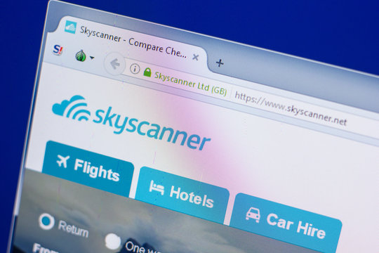 Ryazan, Russia - May 13, 2018: SkyScanner website on the display of PC, url - SkyScanner.net.
