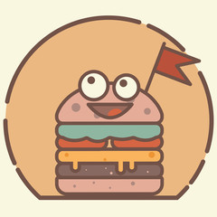 Cheerful smiling burger with big eyes. A bit crazy. Tasty and appetizing. With cutlet and sliced tomatoes.