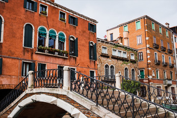 Fototapeta na wymiar bridge and ancient buildings with plants in Venice, Italy