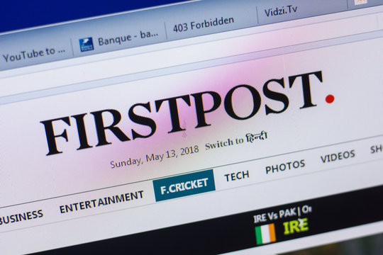 Ryazan, Russia - May 13, 2018: Firstpost website on the display of PC, url - Firstpost.com.