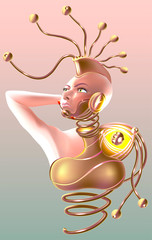 A beautiful cyborg woman looks up. Concept of cybernetic, information and communication technologies.