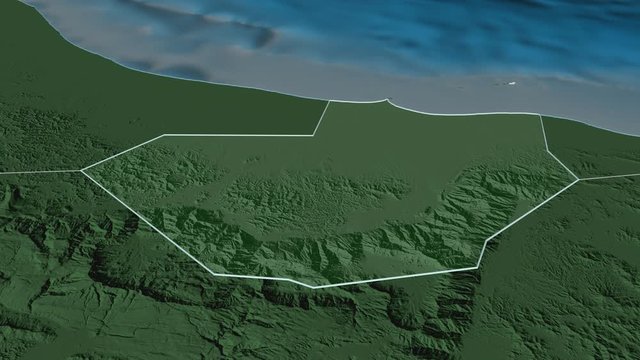 Al Batinah South, region with its capital, zoomed and extruded on the administrative map of Oman in the conformal Stereographic projection. Animation 3D