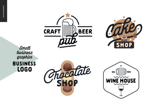 Logo - small business graphics - cafe and restaurants. Modern flat vector concept illustrations - logotypes of craft beer pub, cake shop, chocolate shop, wine house