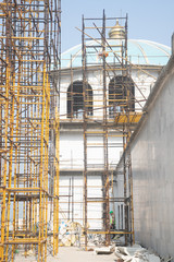 Unfinished interior of Indian temple of Vedic Planetarium under construction