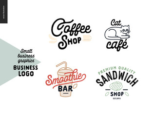 Logo - small business graphics - cafe and restaurants. Modern flat vector concept illustrations - logotypes of coffee shop, cat cafe, smoothie bar, sandwich shop