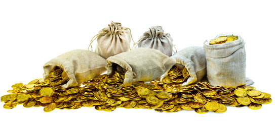 Stacking gold coin in treasure sack on white background - obrazy, fototapety, plakaty