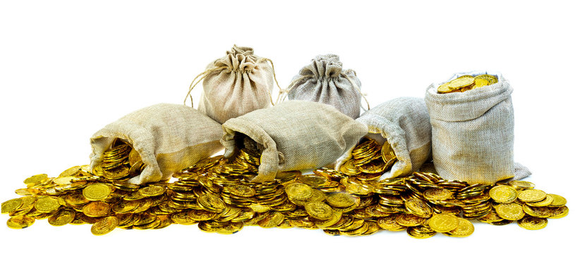 Stacking gold coin in treasure sack on white background