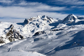Naklejka premium panorama Zermatt small Matterhorn theodul glacier gornergrat view mountain winter snow landscape Swiss Alps clouds