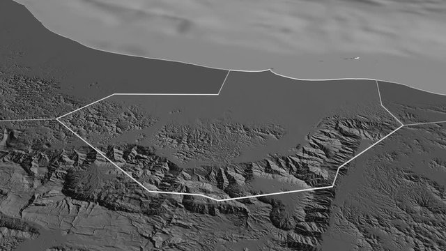 Al Batinah South, region with its capital, zoomed and extruded on the bilevel map of Oman in the conformal Stereographic projection. Animation 3D