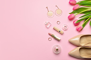 Composition for International Women's Day on color background