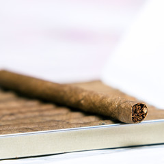 Box of cigarillos on a white background. On the box is one cigarillo