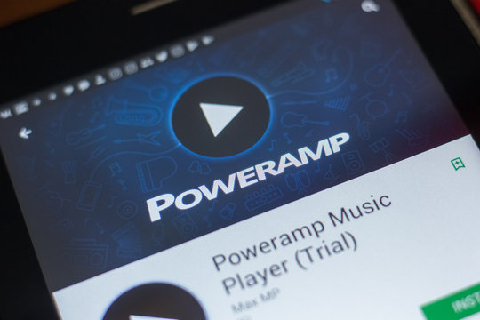 Ryazan, Russia - May 16, 2018: Poweramp Music Player mobile app on the display of tablet PC.
