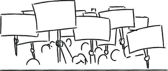 Crowd of protesters concept,human rights,blank sign,hand drawn crayon illustration,vector 