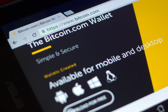 Ryazan, Russia - March 29, 2018 - Homepage of Bitcoin.com on the display of tablet PC.