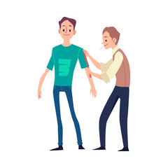 Tailor takes measurements from customer flat vector illustration isolated.