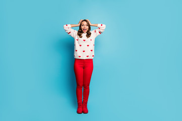 Full length body size view of nice attractive cheerful cheery ecstatic overjoyed girl wearing festal clothes season discount reaction isolated on bright vivid shine vibrant blue color background