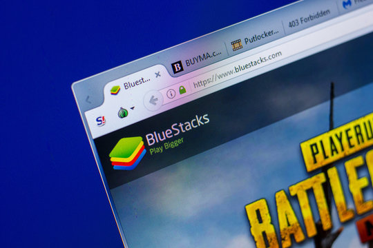 Ryazan, Russia - May 20, 2018: Homepage of BlueStacks website on the display of PC, url - BlueStacks.com.