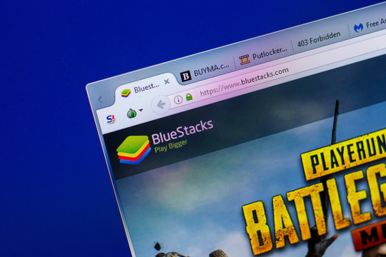 Ryazan, Russia - May 20, 2018: Homepage of BlueStacks website on the display of PC, url - BlueStacks.com.