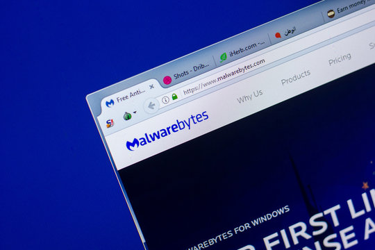 Ryazan, Russia - May 20, 2018: Homepage of Malwarebytes website on the display of PC, url - Malwarebytes.com.