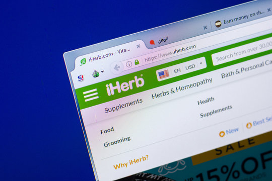 Ryazan, Russia - May 20, 2018: Homepage of iHerb website on the display of PC, url - iHerb.com.