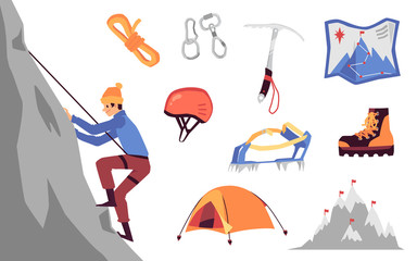 Mountaineering and climbing set flat cartoon vector illustration isolated.