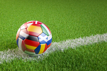 Fototapeta na wymiar 3D render: Soccer ball with flags of all hosting countries of European Soccer Championship 2020 (Germany, France, Netherl., Italy, Romania, Hungary, Spain, England, Scotland, Denmark, Ireland, Russia)