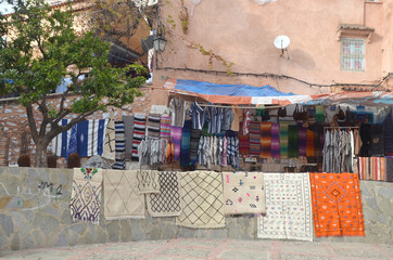 The street view of old medina of Chefchaouen that selling local produce and fresh fruit.